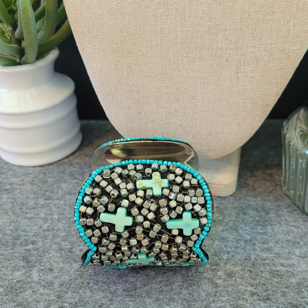 Turquoise Cross Beaded Wide Cuff Bracelet Silver Tone Boho Southwestern 6.5in - Picture 6 of 6